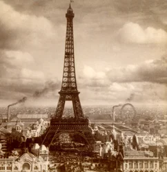 Utsikt över Exposition Universelle, Eiffeltornet, Champ de Mars och Galerie des Machines från Palais du Trocadéro, Paris, Frankrike 1900